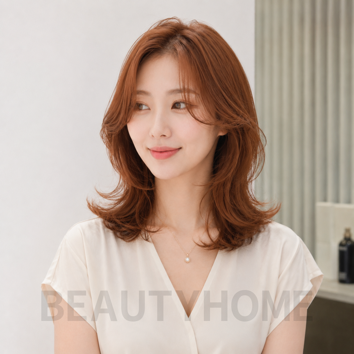 여자 중단발 레이어드 S컬펌 오렌지 브라운 염색