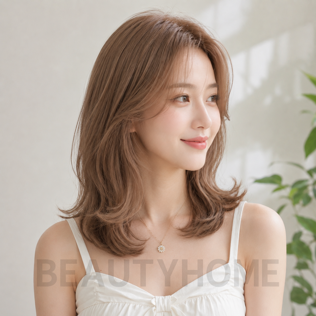 여자 중단발 빌드펌 밀크티 베이지 염색