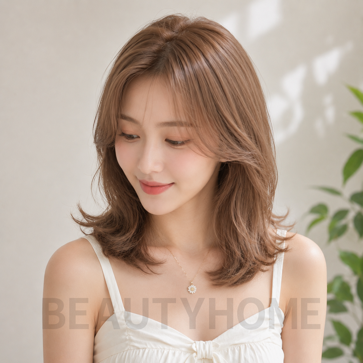 여자 중단발 빌드펌 밀크티 베이지 염색