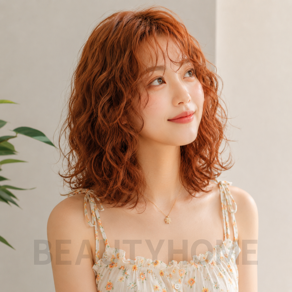 여자 중단발 히피펌 오렌지 브라운 염색