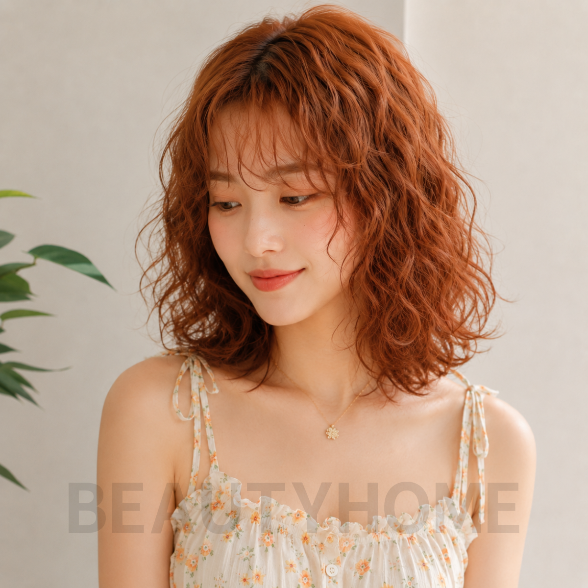 여자 중단발 히피펌 오렌지 브라운 염색