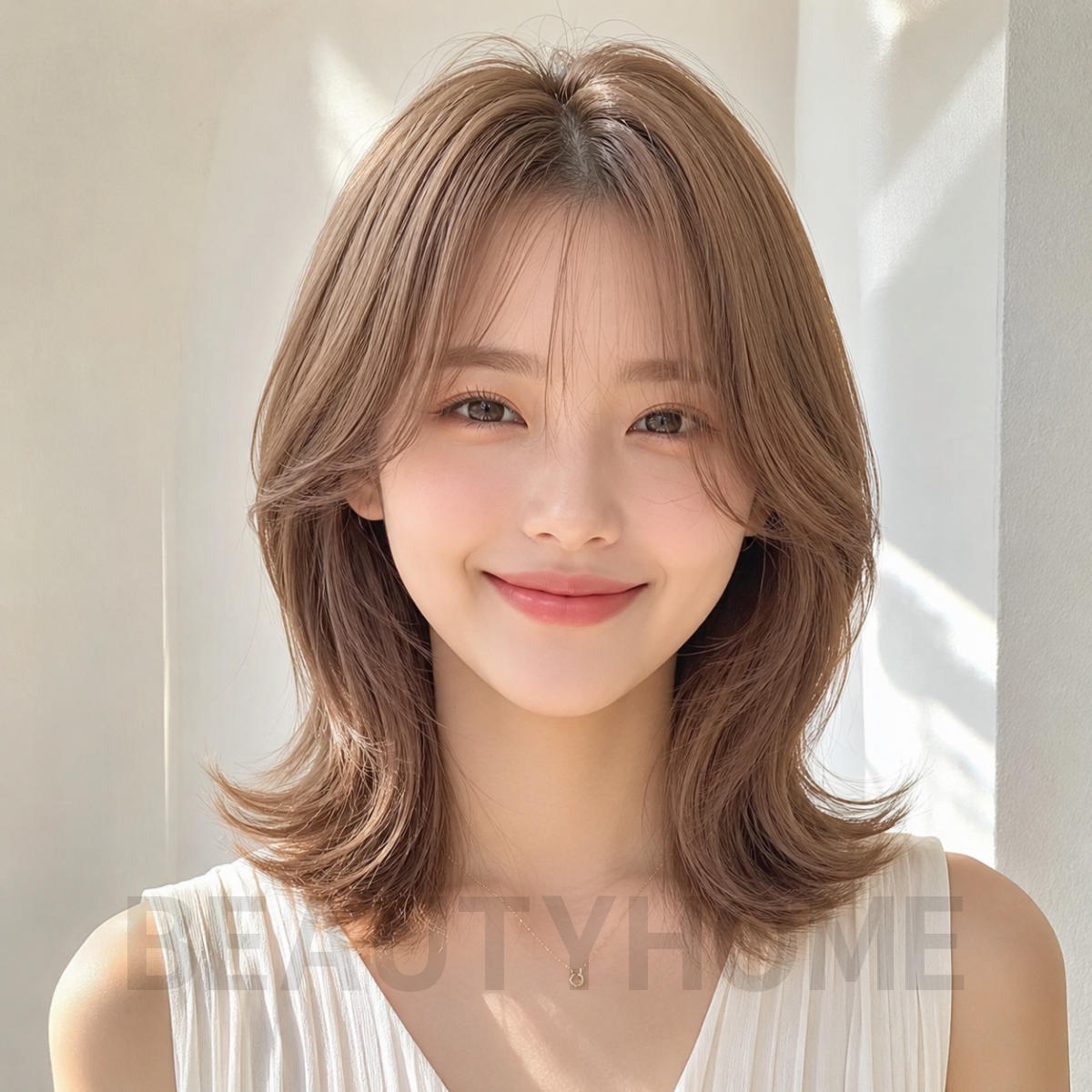 여자 중단발 레이어드컷 밀크티 베이지 염색