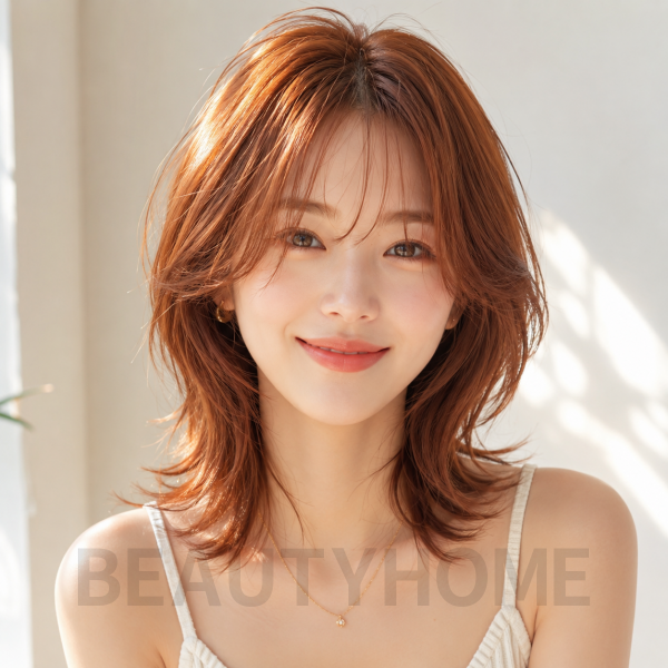 여자 중단발 허쉬컷 오렌지 브라운 염색
