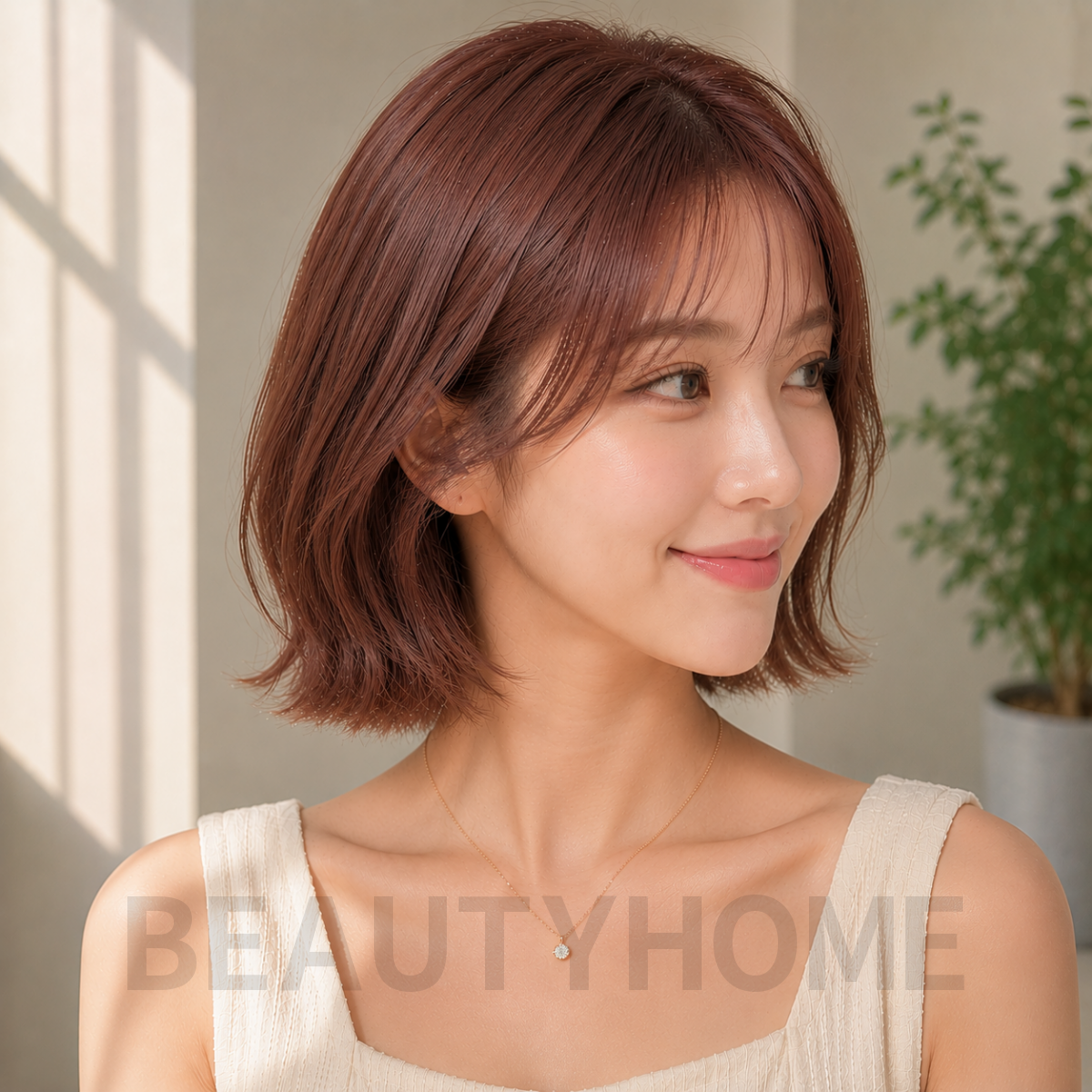 여자 단발 테슬컷 로즈 브라운 염색