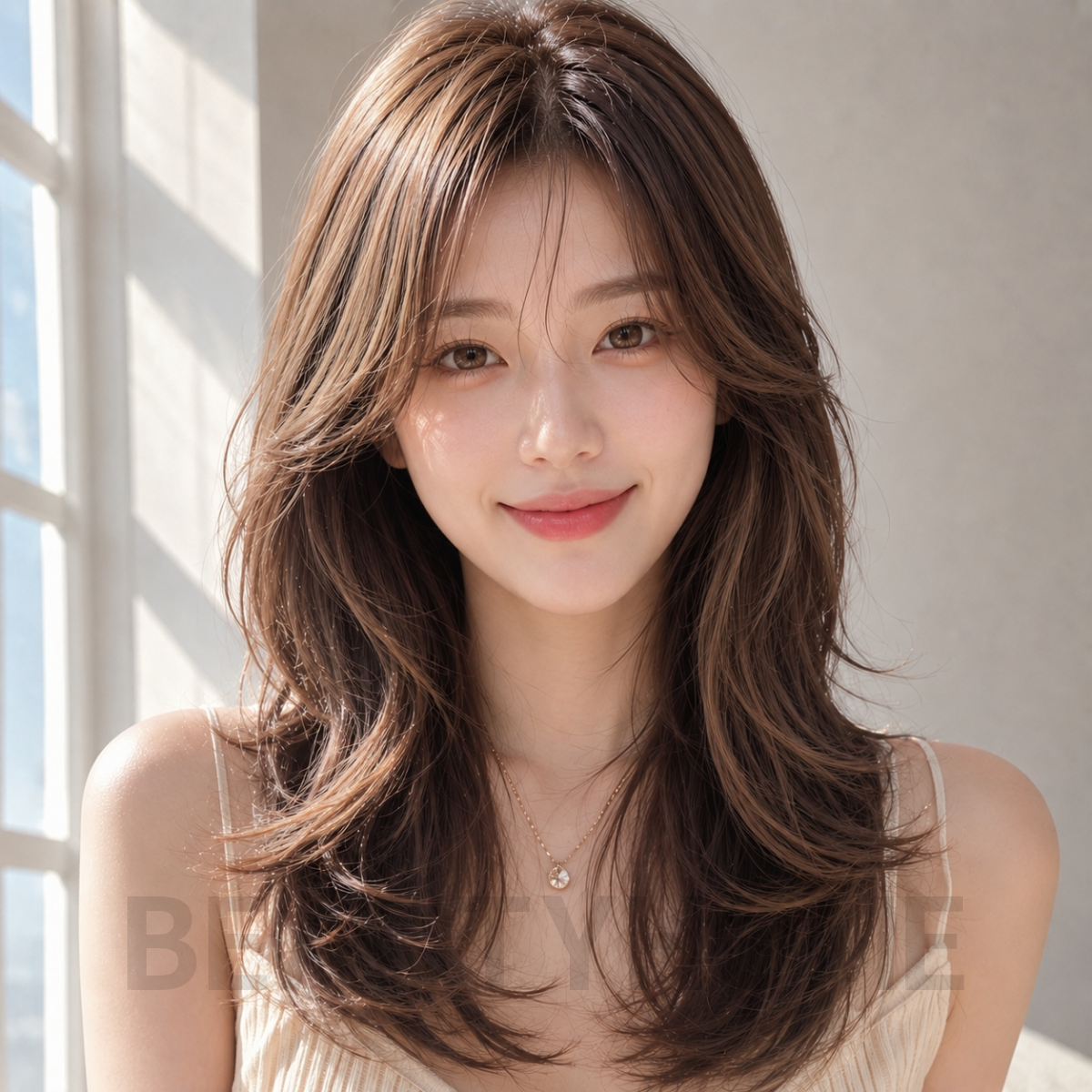 여자 롱 레이어드컷 발레아쥬 브라운 염색