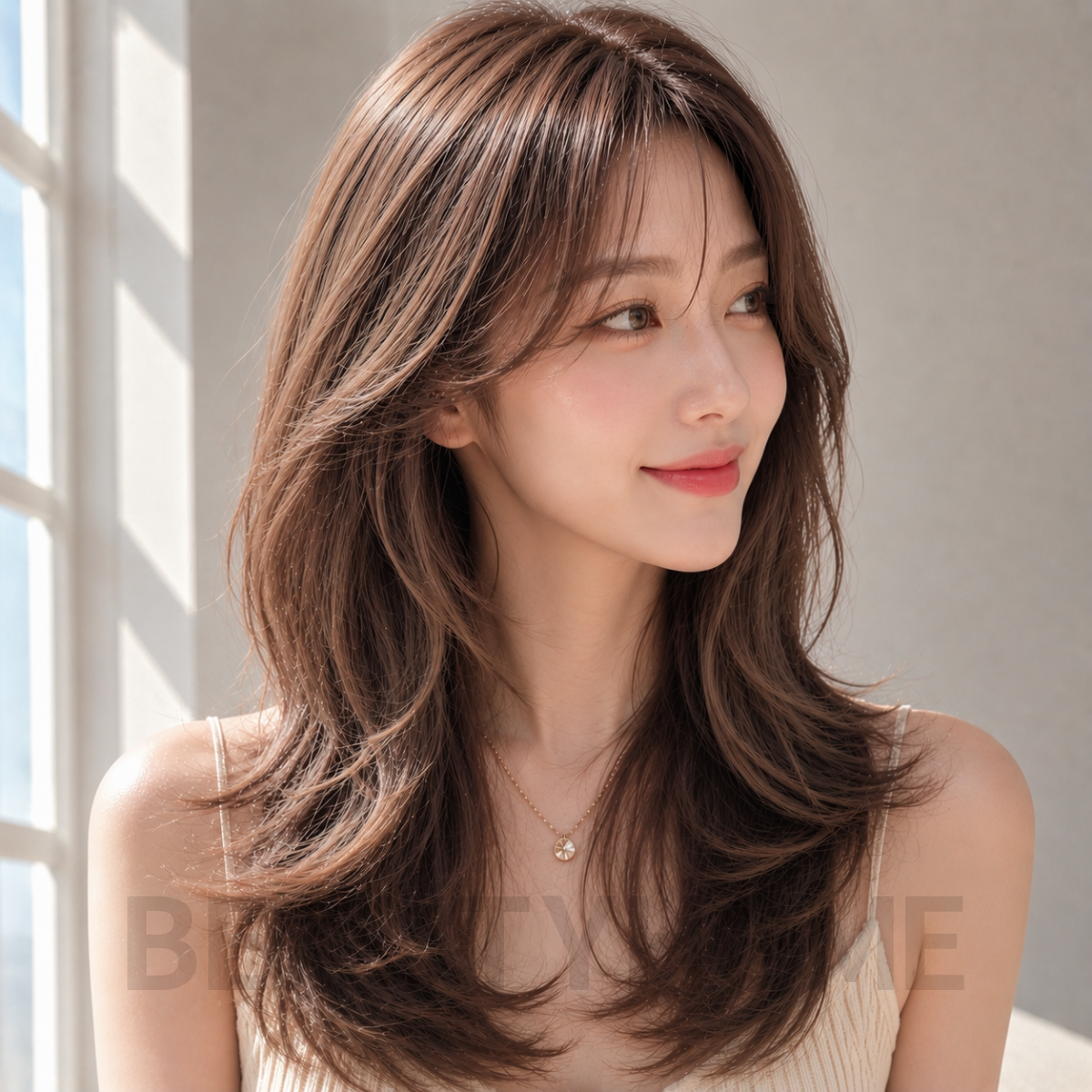 여자 롱 레이어드컷 발레아쥬 브라운 염색