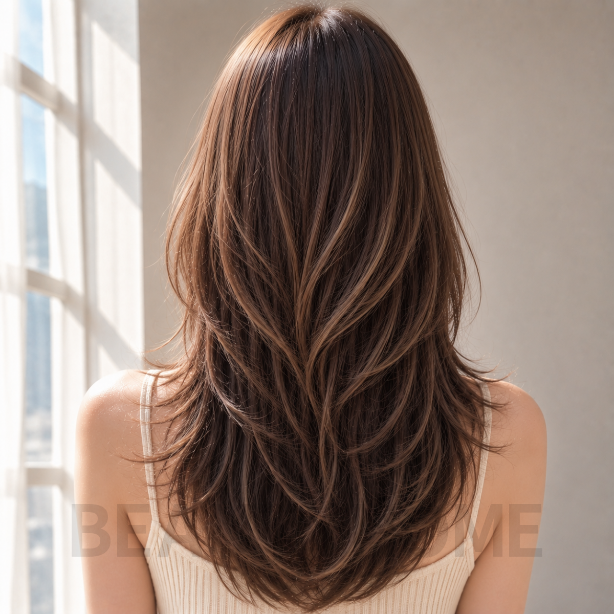 여자 롱 레이어드컷 발레아쥬 브라운 염색