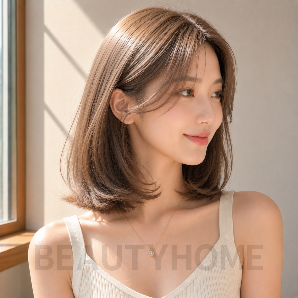 여자 중단발 C컬펌 밀크티 베이지 염색