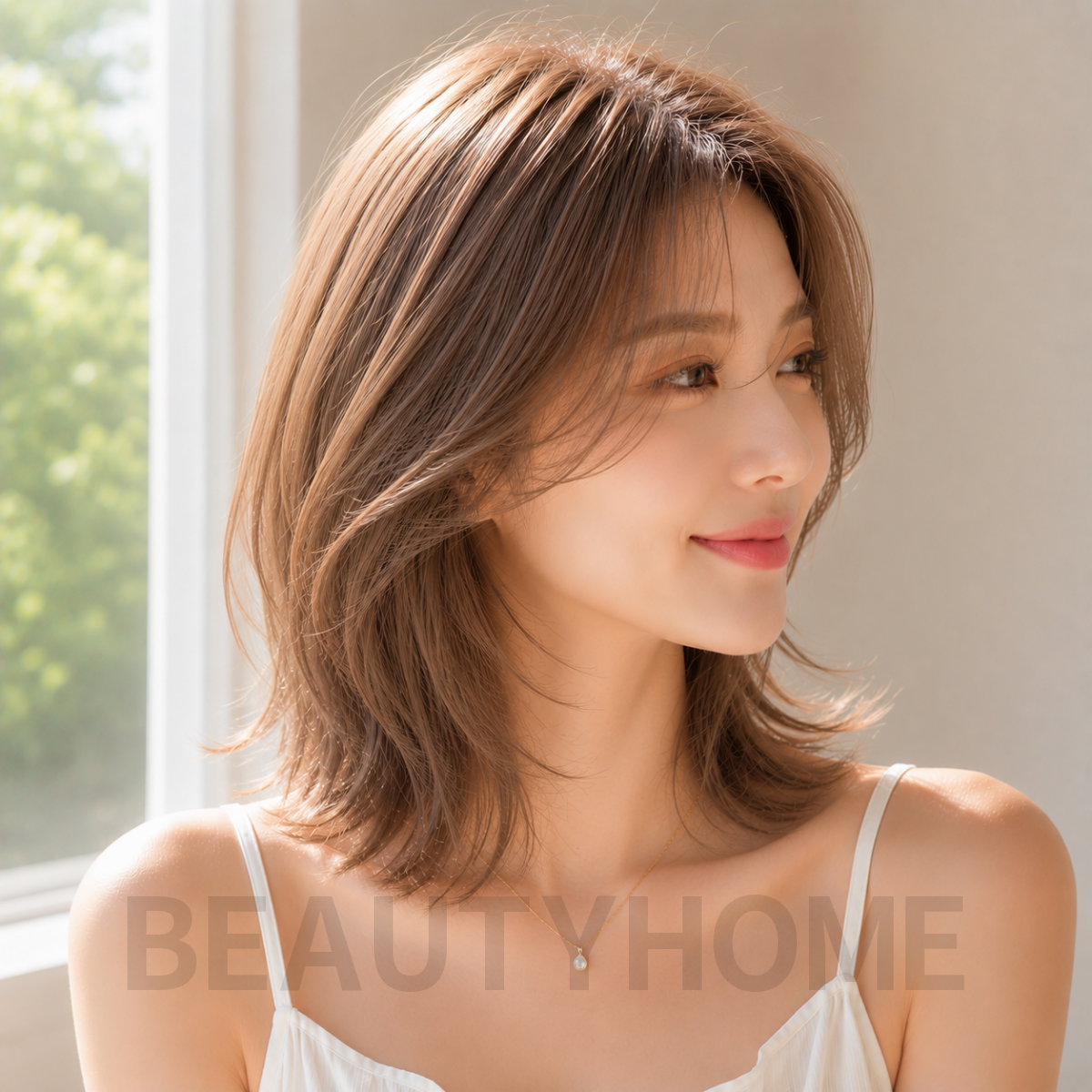 여자 중단발 레이어드컷과 밀크티 베이지 염색