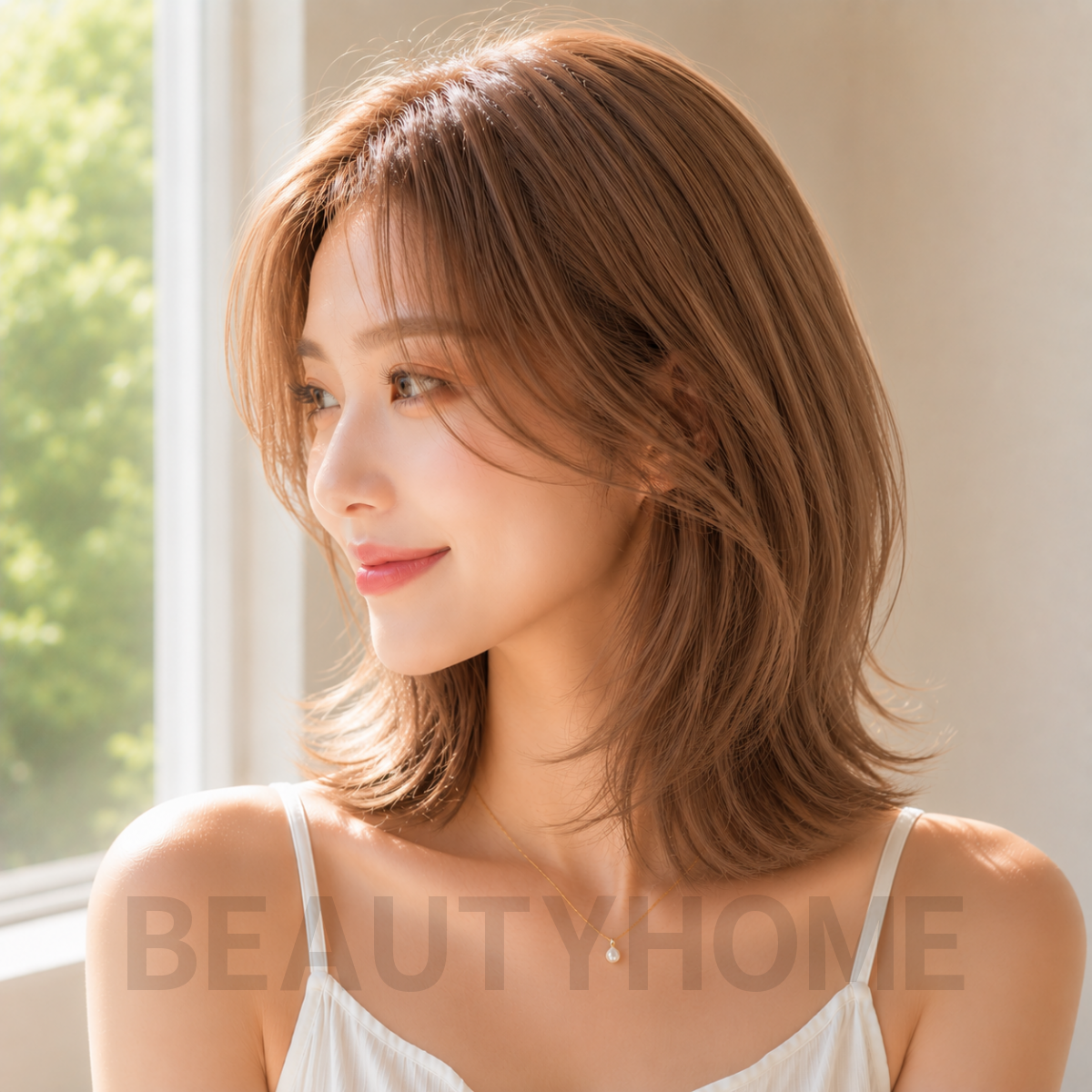 여자 중단발 레이어드컷과 밀크티 베이지 염색