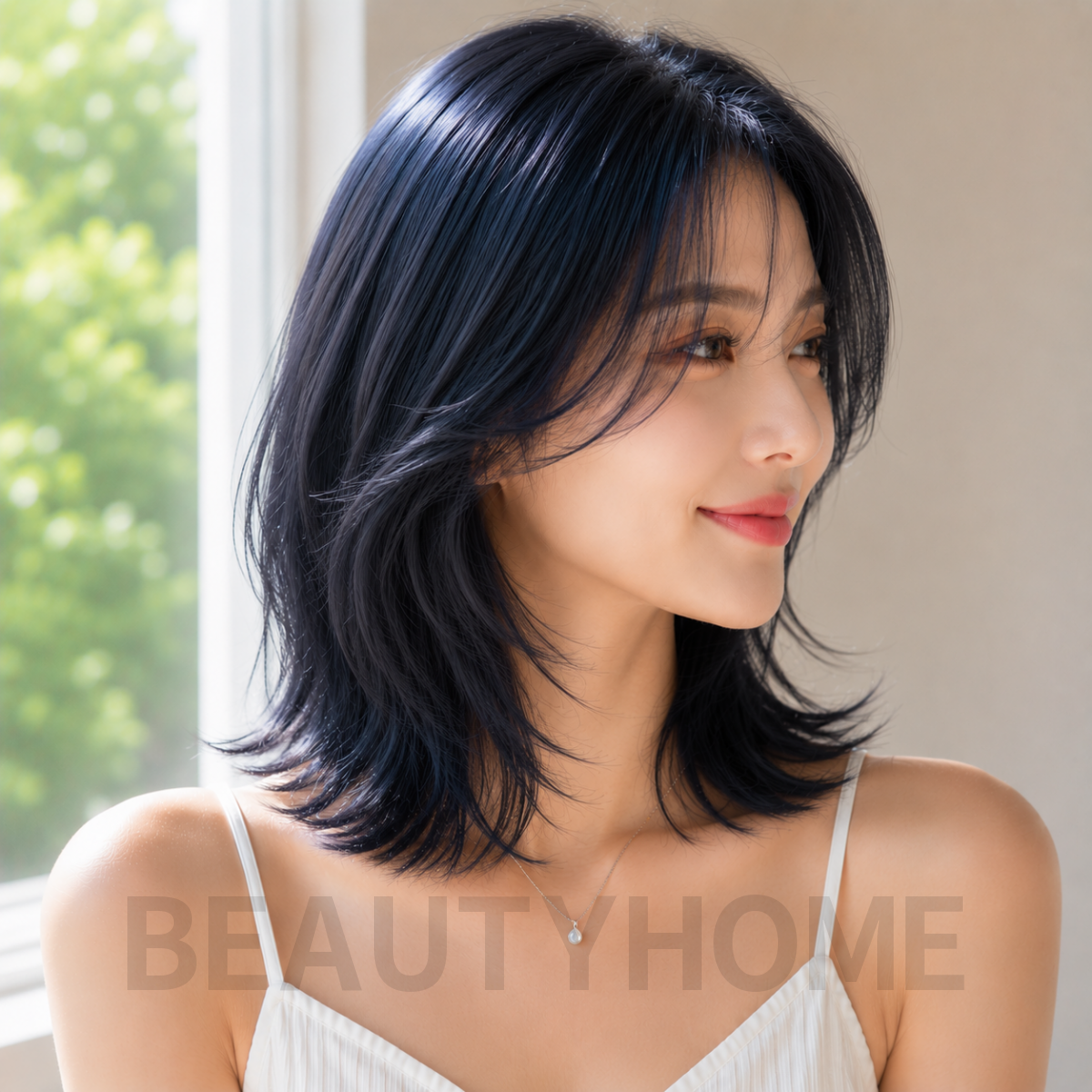여자 중단발 레이어드컷과 블루  블랙 염색