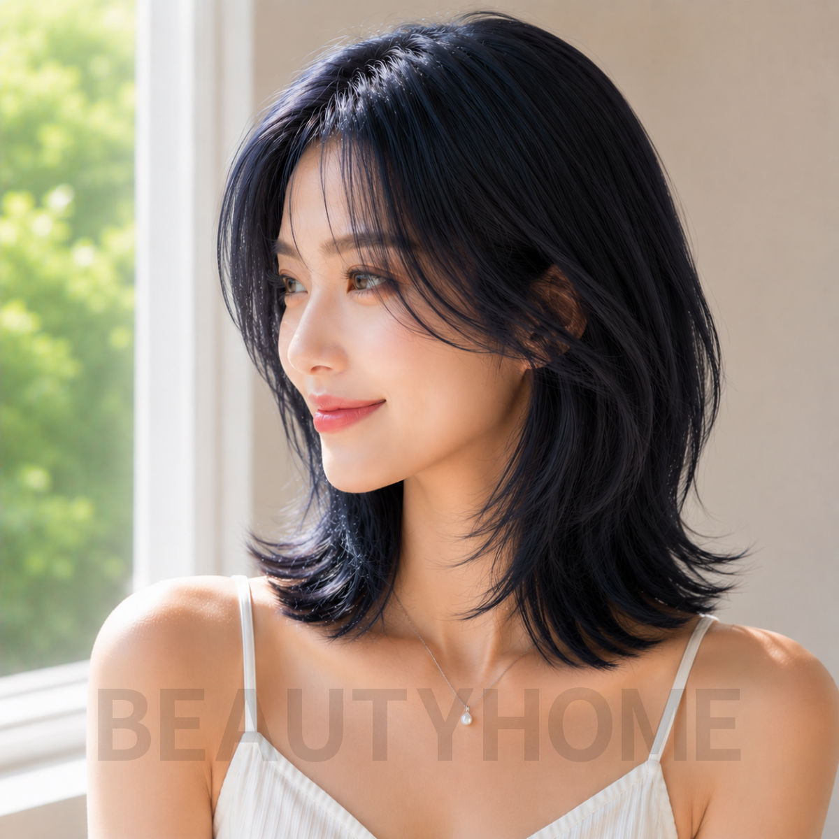 여자 중단발 레이어드컷과 블루  블랙 염색