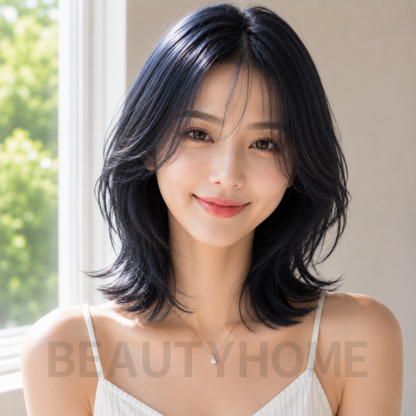 여자 중단발 레이어드컷과 블루  블랙 염색