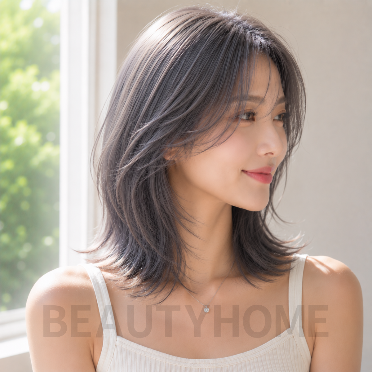 여자 중단발 레이어드컷과 블루  애쉬 베이지