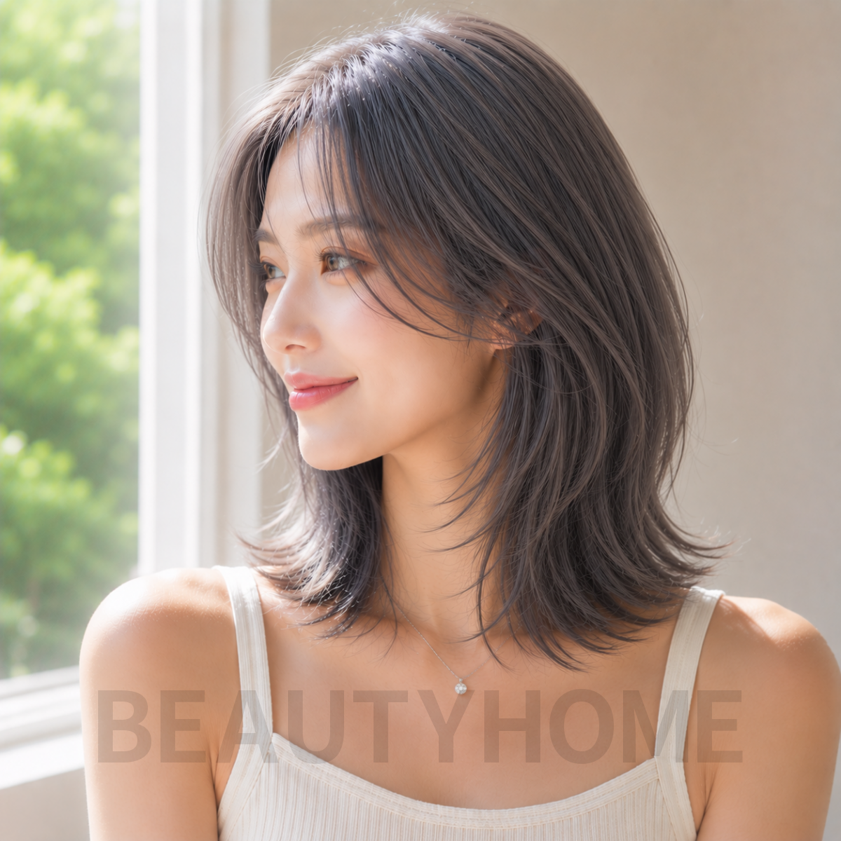 여자 중단발 레이어드컷과 블루  애쉬 베이지