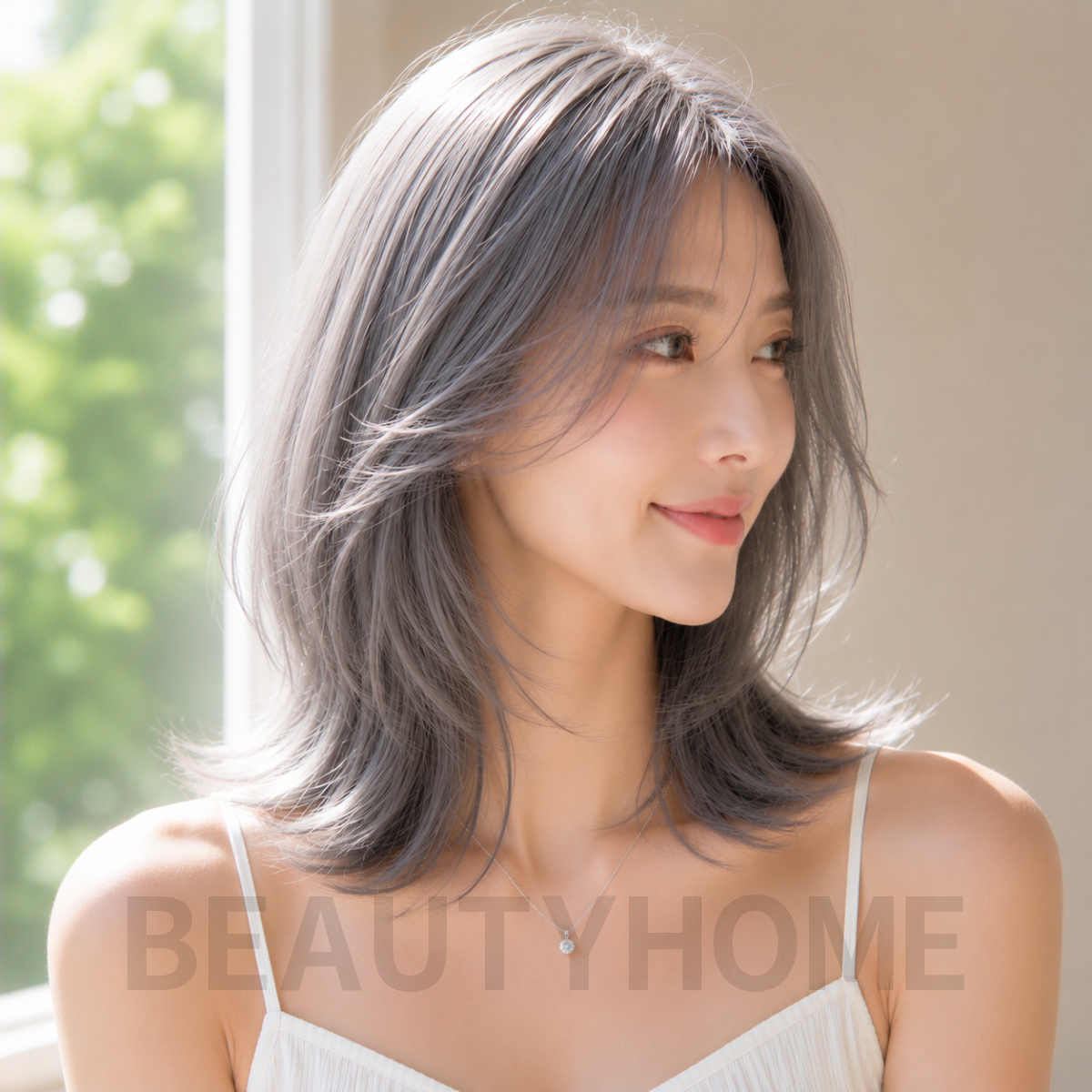 여자 중단발 레이어드컷과 실버 그레이 염색