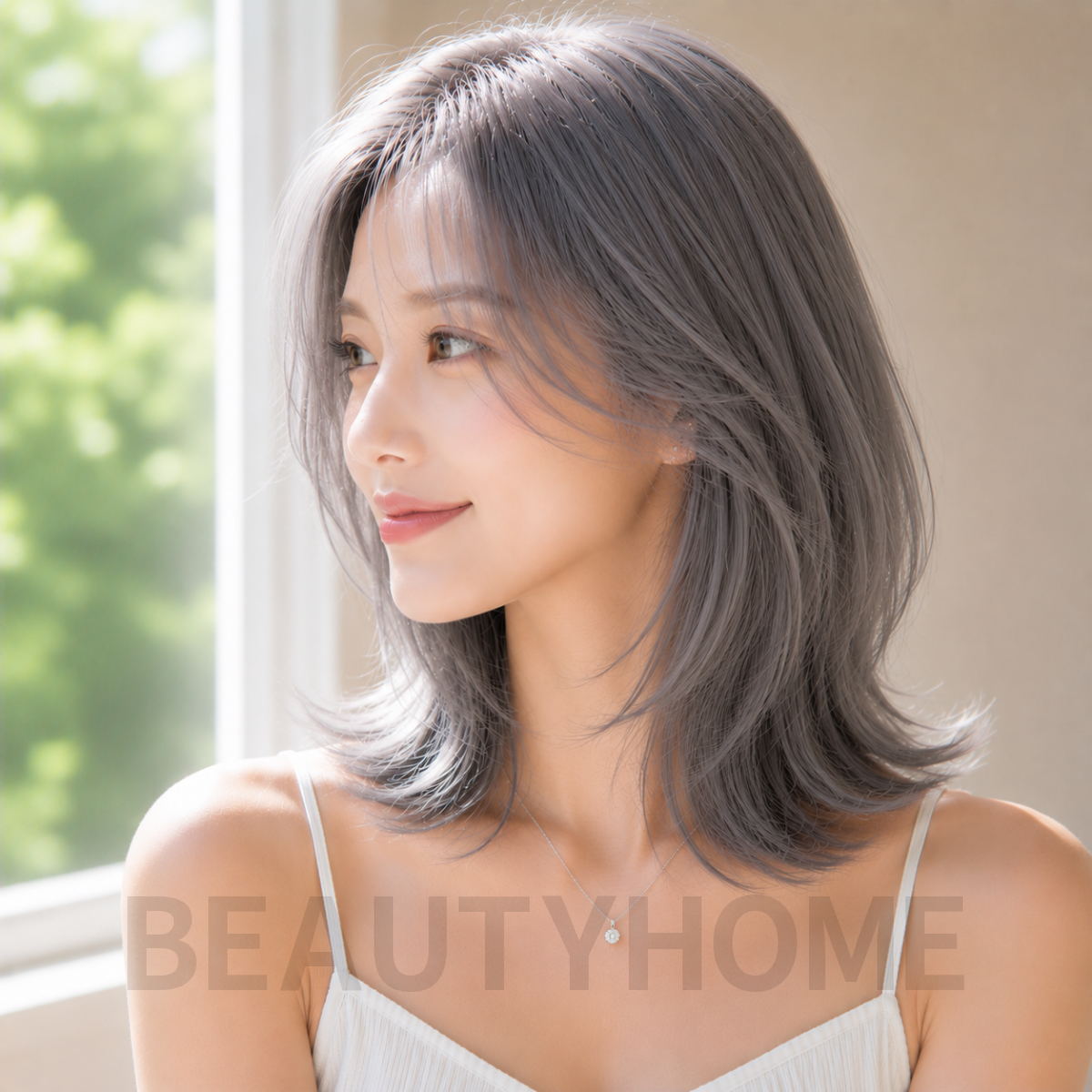 여자 중단발 레이어드컷과 실버 그레이 염색
