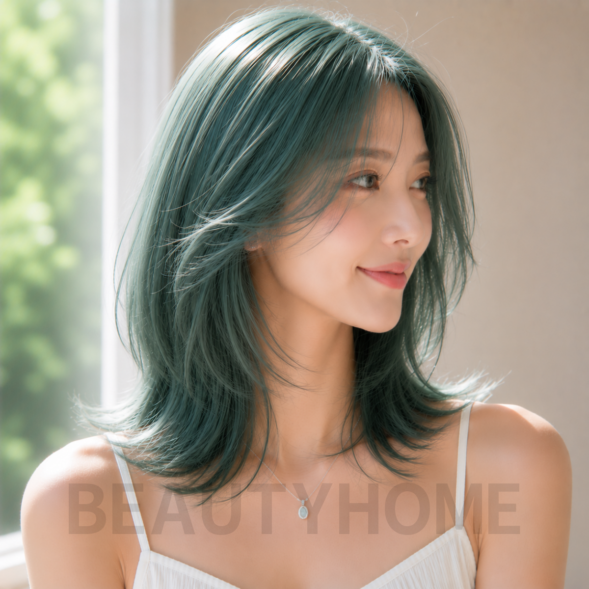 여자 중단발 레이어드컷과 에메랄드 그린 염색