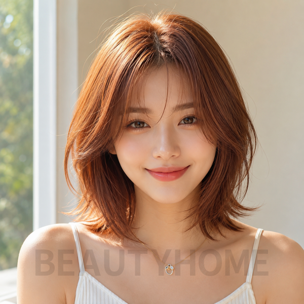 여자 중단발 레이어드컷과 오렌지 브라운 염색
